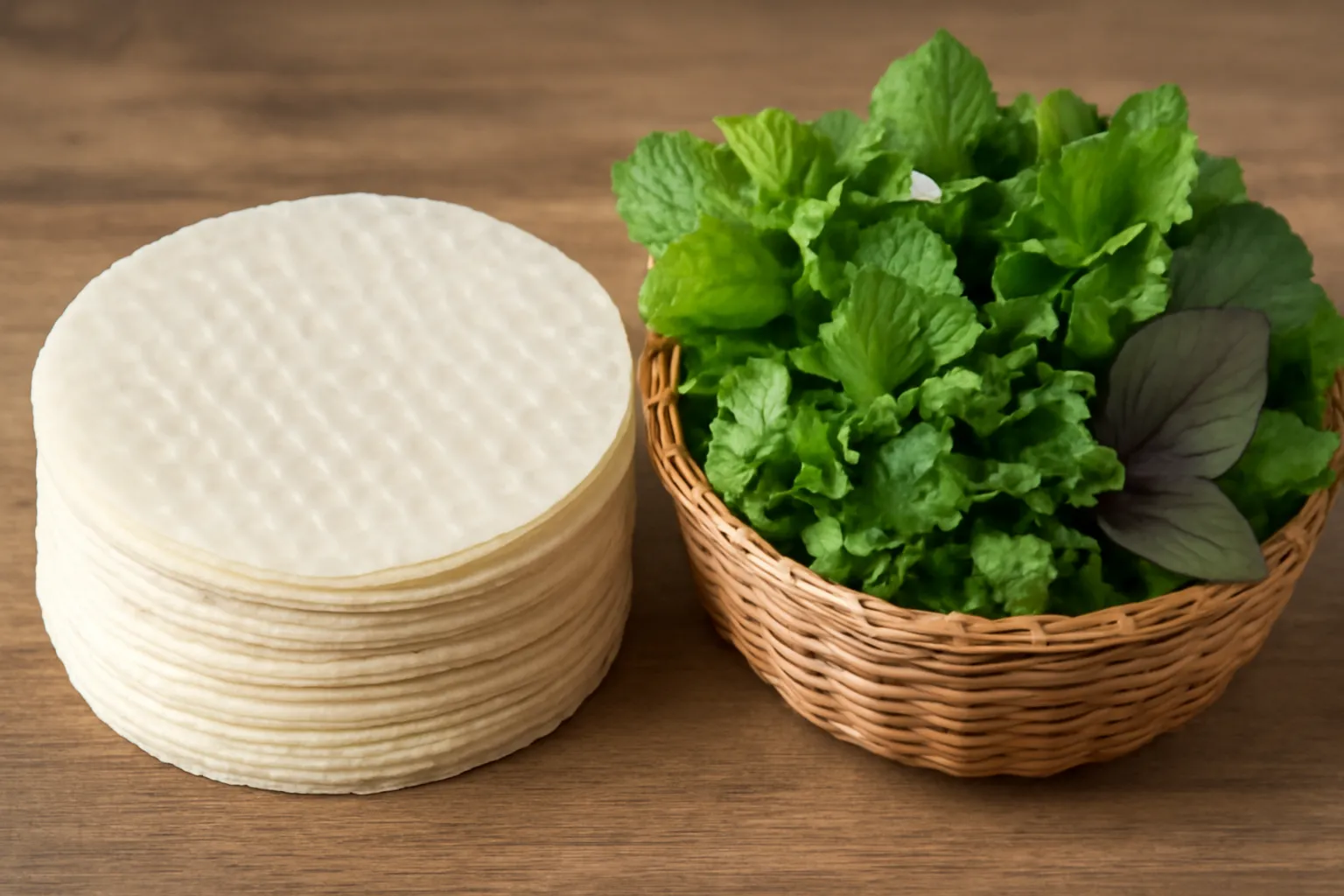 Xấp bánh tráng mềm đặt cạnh rổ rau sống nhiều loại