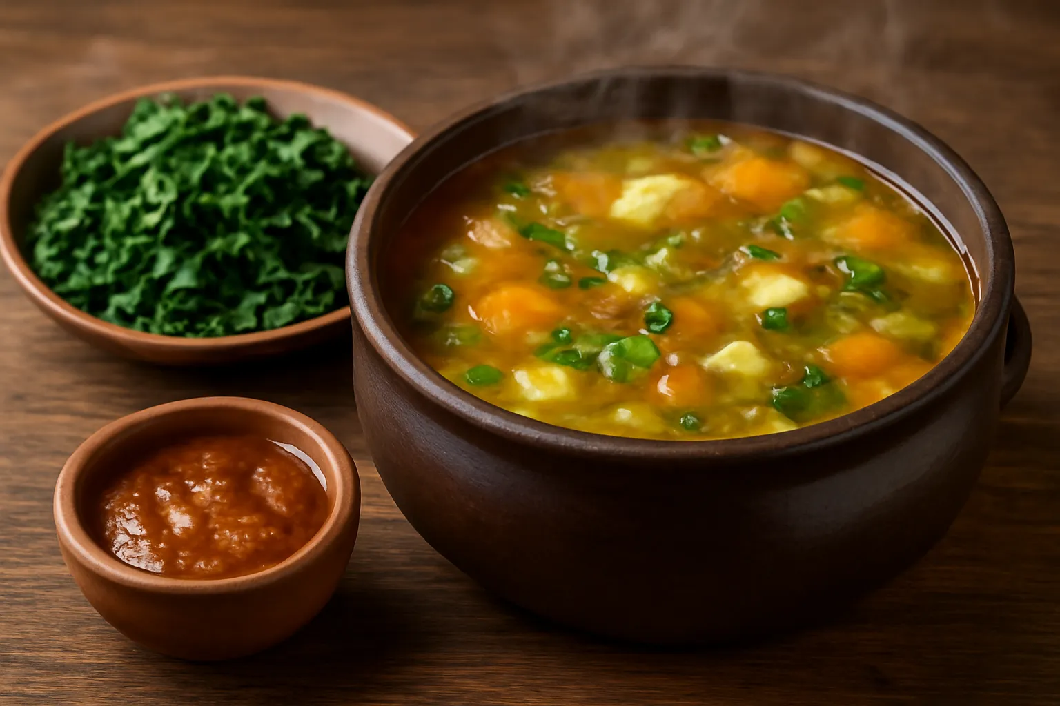 Nồi canh chua chay bốc khói bên đĩa rau luộc và chén kho quẹt