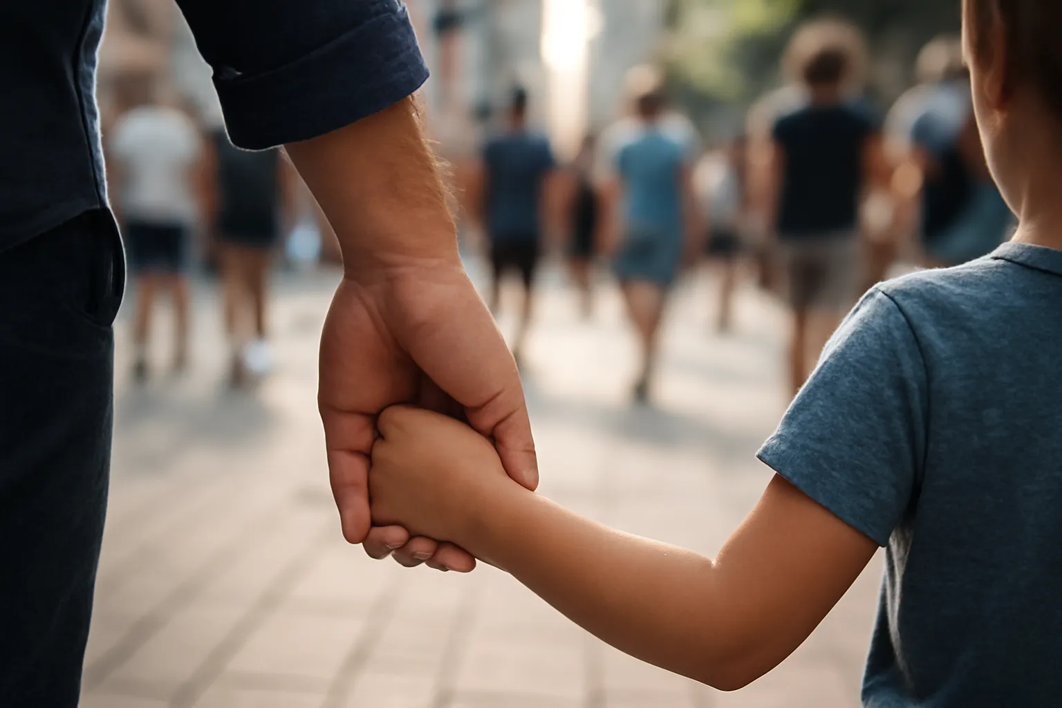 Bàn tay người lớn nắm chặt tay trẻ nhỏ giữa lối đi đông người