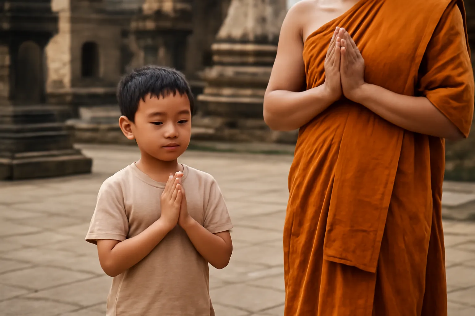 Trẻ nhỏ chắp tay đứng cạnh người lớn trong sân chùa