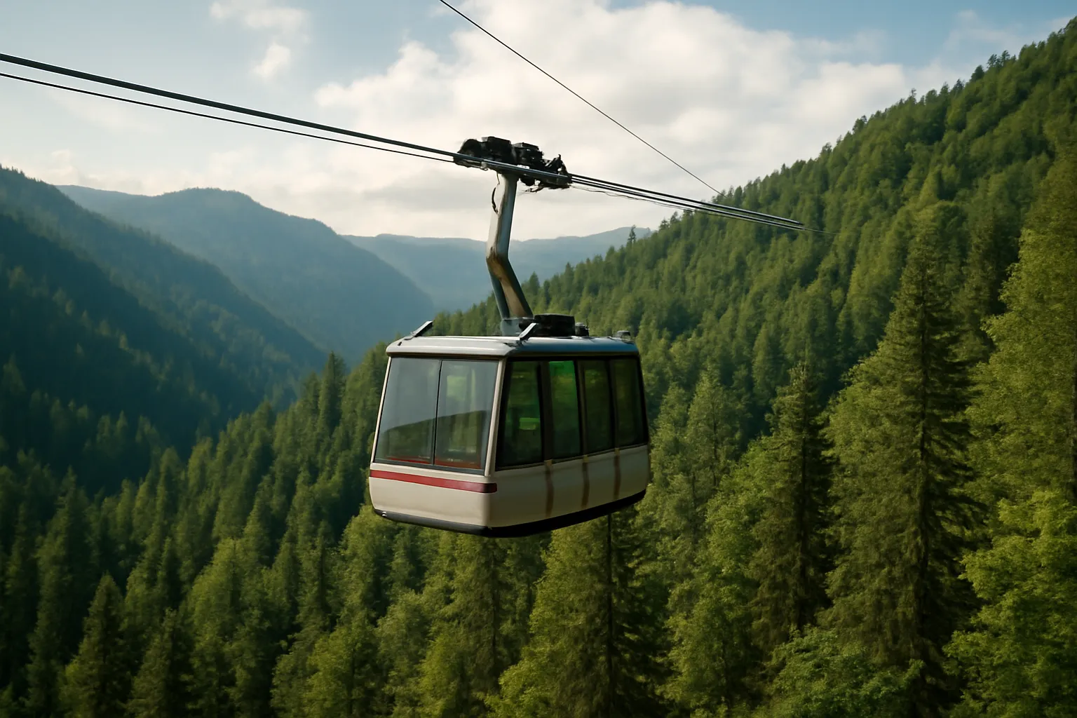 Cabin cáp treo lơ lửng trên tán rừng núi