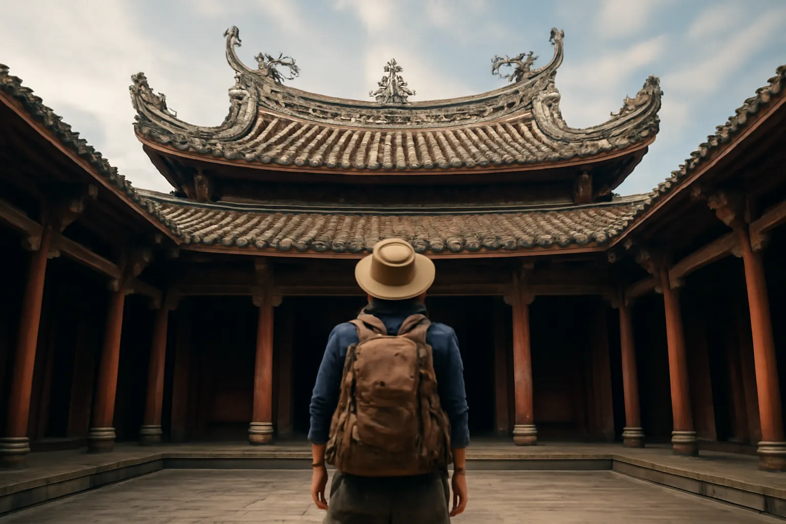 Khách tham quan đứng nhìn mái chùa từ ngoài sân