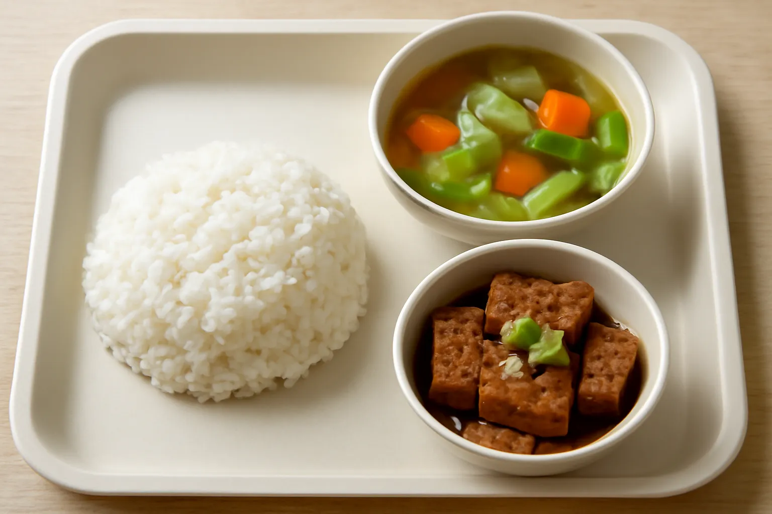 Mâm cơm chay giản dị với cơm trắng, canh rau và đĩa đậu kho